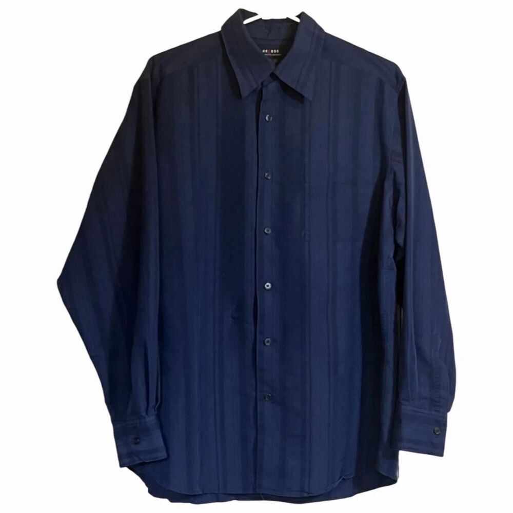 Mens Button Down Shirt Large Regular Blue Striped Rayon Blend Workwear Bold